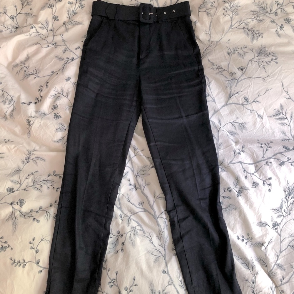 Zara belted linen navy pants. Creates a very flattering shape. Made in Morocco